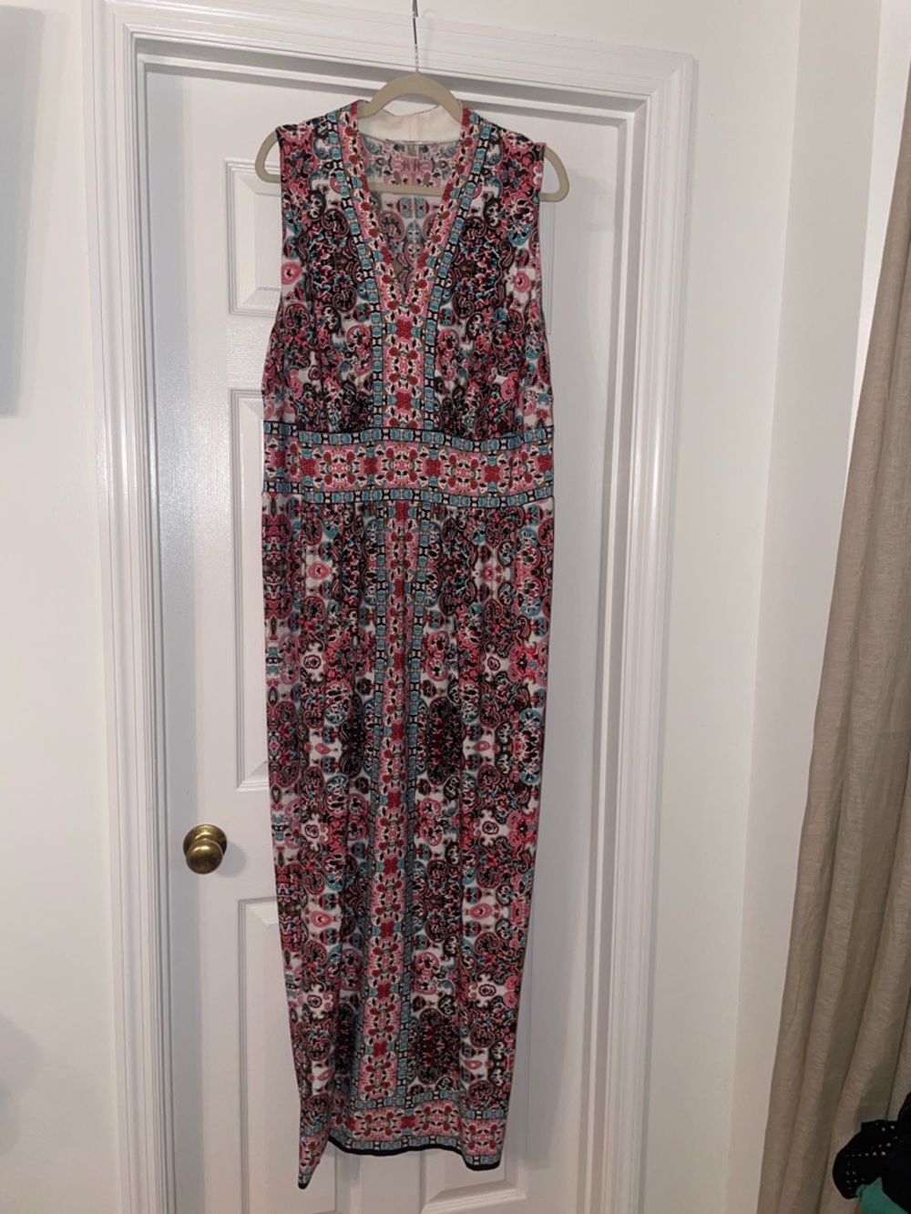 Sleeveless Pink Floral Border Maxi Dress with V-Neck